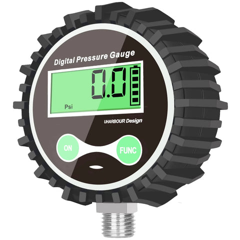 Uharbour digital tire pressure gauge with rubber protector, 1/4'' NPT bottom connector, 5–200 psi range