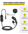 Portable Type 2 Electric Vehicle Charger With Bright Digital Monitor And Seamless 10 Through 32 Amp Configurations For No Sweat Plug In Power That Will Keep Your Electric Car Ready For Action, featuring a Type 2 plug and digital readout.
