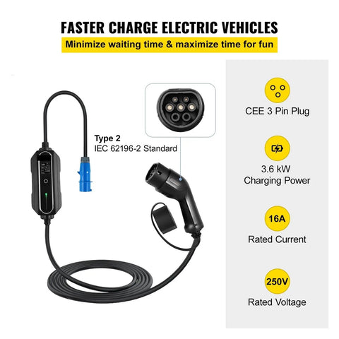 Portable Type 2 Electric Vehicle Charger With Bright Digital Monitor And Seamless 10 Through 32 Amp Configurations For No Sweat Plug In Power That Will Keep Your Electric Car Ready For Action, featuring a Type 2 plug and digital readout.