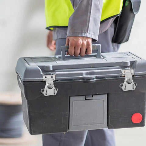 Person holding toolbox with Beefy Loaded Butterfly Latch Set With Retainer Clip, Heavy Duty 450lbs Load Capacity, 2000N Tension.