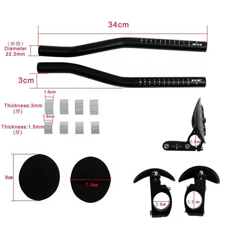 Adjustable Bike Rest Handlebar TT Bar 31.8mm Aero Bar parts showing 34cm length, clamp fittings, armrest pads, and attachments.