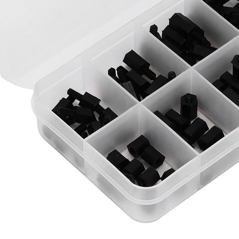 Game Changing M3 Nylon Hex Standoff Screw Nut Kit 180 Piece Assortment in a divided storage box showing assorted spacers.