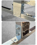 Close-up of wheeled expandable double safety gate heavy duty stainless steel traffic fence joints and locking mechanisms.