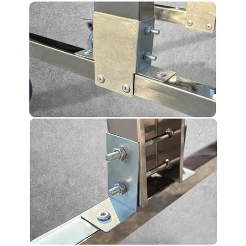 Close-up of wheeled expandable double safety gate heavy duty stainless steel traffic fence joints and locking mechanisms.