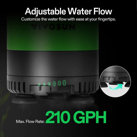 Close-up of Submersible Water Pump 210 GPH 10W With Adjustable Flow control display highlighting max flow rate.