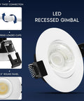 Rock Solid Knockout Brightness 3 Inch Led Recessed Gimbal Spotlights With Slick 360 Swivel And Perfect Aim Dimmable Tunable White Ceiling Downlights IC Wet Rated White Trim showing 3 inch round panel and spring clips.