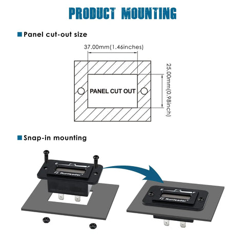 Runleader Lead Acid Battery Monitor DC 36V panel cut-out size diagram with snap-in mounting, dimensions 37mm x 25mm.
