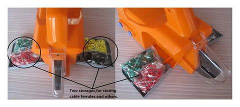 Heavy Duty Pneumatic Crimping Tool For Wires 0 08 To 6 Sqmm With Nine Interchangeable Dies showing two storage compartments for cable ferrules.