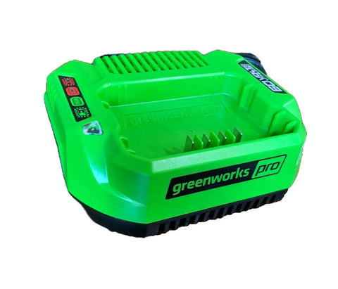 Gen2 60V Pro Battery Charger With Diagnostic LED For Greenworks Pro 2 Ah Batteries, green charger on white background