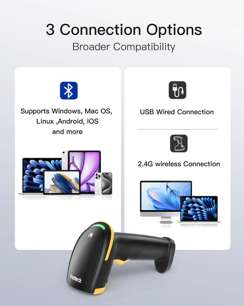 Bluetooth Barcode Scanner 2D Handheld, Wireless 2D QR Code Scanner with 2600mAh Battery, BCST-36, showing connection options.