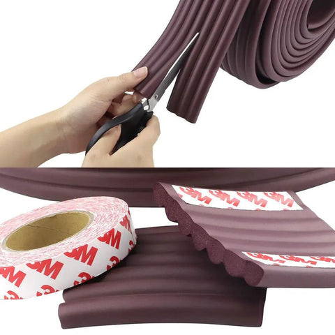 Maroon Baby Proofing Edge Guards Padding 12.5 Feet Extra Wide Edge Protectors With 3M Adhesive Tapes For Tables And Desks Keeps Kiddo Safe From Sharp Edges During Everyday Play shown with scissors and tape