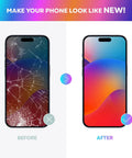 Comparison of a cracked iPhone 15 Pro Max 6.7 Inch Screen before and after replacement with IPhone 15 Pro Max 6.7 Inch Screen Replacement Kit