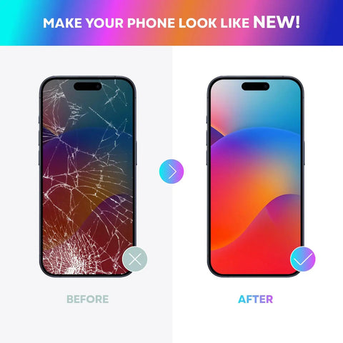 Comparison of a cracked iPhone 15 Pro Max 6.7 Inch Screen before and after replacement with IPhone 15 Pro Max 6.7 Inch Screen Replacement Kit