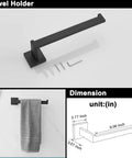 Four Piece Black Stainless Steel Bathroom Accessory Set With 23.6 Inch Towel Bar dimensions and wall mounting hardware.