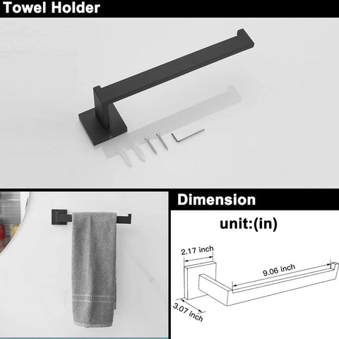 Four Piece Black Stainless Steel Bathroom Accessory Set With 23.6 Inch Towel Bar dimensions and wall mounting hardware.