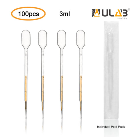 Front view: Four ULAB sterile LDPE transfer pipettes for essential oils, 3 ml with 0.25 ml graduations, 140 mm, peel-packed.