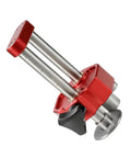 Close-up of a red Sheet Metal Roller And Bender, 0 To 100 Degree Angled Bending Tool with silver rollers, ideal for roofing and fabrication.