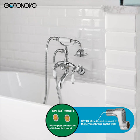 Polished Chrome Clawfoot Tub Faucet With Wall Mount and Handheld Shower, Double-Handle Tub and Shower Mixer installed on tile wall.