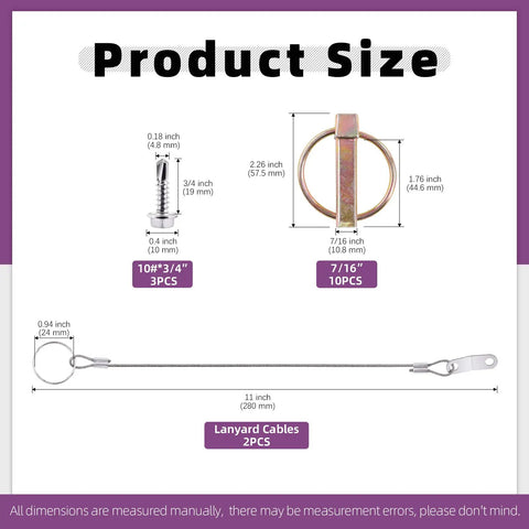15 Piece Spring Loaded Lynch Pin Kit With 7/16 x 1-3/4 Inch Pins, Stainless Steel Lanyard Cables And Quick Release Ring Plus 410 Stainless Self Drilling Sheet Metal Screws, dimensions shown