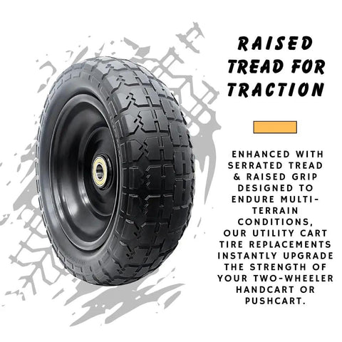 Flat Free 10 Inch Solid Replacement Tire And Wheel For Cart Dolly Hand Truck Generator Lawn Mower with raised tread pattern.