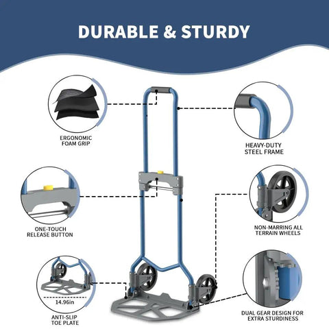 Heavy Duty Folding Hand Cart With Telescopic Handle For Shopping Groceries Travel And Home Use, Portable Dolly Cart Supports Up To 200 Pounds, One Step Fold No Assembly, Ultra Compact Space Saving Design showing steel frame and wheels.