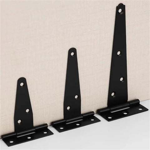 Heavy Duty Black T Hinge Door Gate Hardware For Shed Barn Garage And Cabinet With Included Mounting Screws, different sizes displayed.