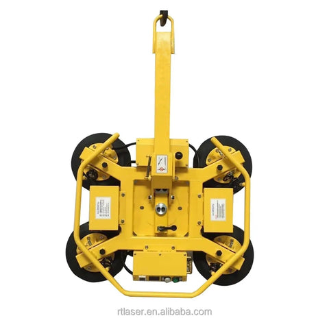 Heavy Duty Steel Vacuum Lifter With Suction Cup Crane For Easy Glass And Metal Moving Featuring Built In Overload Valve And Sweet Solid Frame that shows a top view of a yellow vacuum lifter with four suction cups.