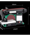 Compact electric belt sander and desktop metal grinder, dimensions 370mm x 245mm, used for woodworking and metal finishing.
