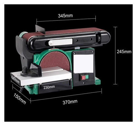 Compact electric belt sander and desktop metal grinder, dimensions 370mm x 245mm, used for woodworking and metal finishing.