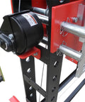 Close-up of the adjustable winch and safety latch on the Heavy Hitting 75 Ton Air Hydraulic Shop Press With Precise Pressure Gauge.