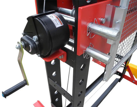 Close-up of the adjustable winch and safety latch on the Heavy Hitting 75 Ton Air Hydraulic Shop Press With Precise Pressure Gauge.