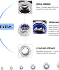 M6x1mm Nylon Insert Hex Lock Nuts, 50 Pack, 304 Stainless Steel details showing spiral thread and nylon washer for anti-loosening.