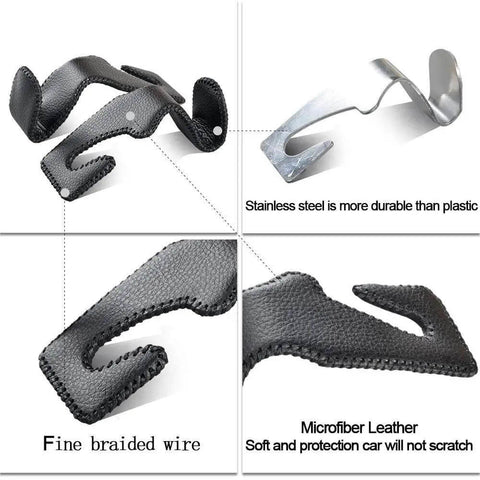 Universal Back Seat Headrest Hooks For Purses Bags Groceries Cloth And Drinks And More Microfiber Leather And Stainless Steel Car Hanger details