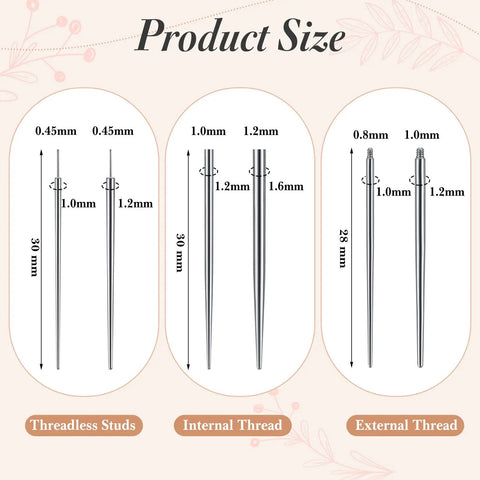 9 Piece Stainless Steel Piercing Tool Kit With Ball Grabber And Clamps, threadless and threaded taper sizes chart