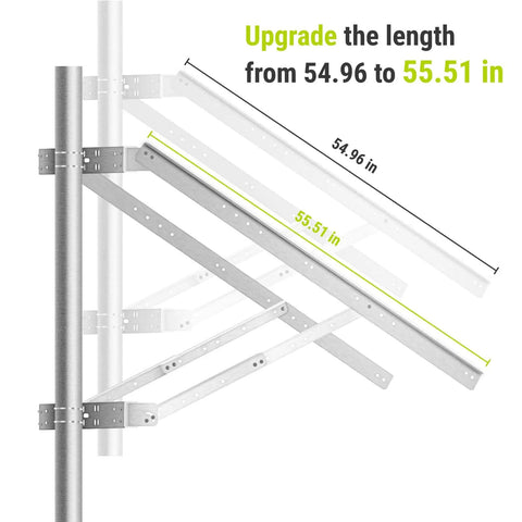Universal Solar Panel Dual Arm Mount Kit With Support Pole And Wall Bracket showing upgrade to 55.51 inches on pole