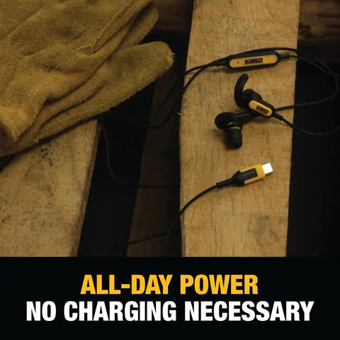 Heavy Duty USB C Earbuds For Jobsite With Microphone And Volume Control Rugged Corded Headphones on wooden plank