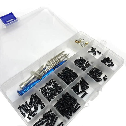 Drop Dead Awesome Carbon Fiber Screw Fastener Kit With Cross Sleeve Hex Swing Arm Pins For 144001 And 124016 Series in storage case.