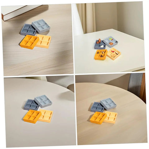 Four Piece Miniature Dollhouse Platter Set With Realistic Four Grid Resin Box For Candy And Nuts on table, multi-angle view