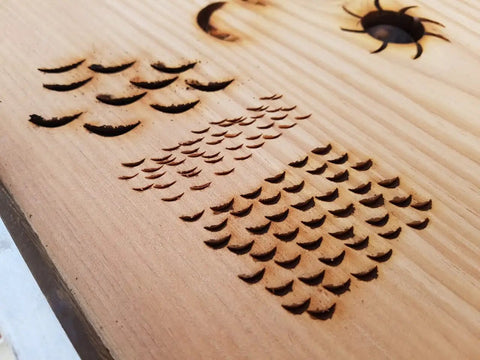 Close-up of wood carving showing scales and eye details created using Concave Eye Cutter Set for precise texture work.