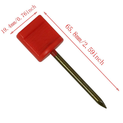 Close-up of a single Red Archery Target Face Pin from 10 pack, showing manganese steel nail with plastic cap, measuring 65.8mm