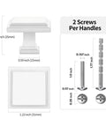Dimensions for 3 Pack Matte White Square Cabinet Knobs And Drawer Pulls For Dresser Wardrobe Cupboard, zinc alloy with screws.