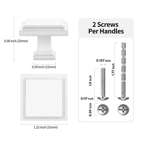 Dimensions for 3 Pack Matte White Square Cabinet Knobs And Drawer Pulls For Dresser Wardrobe Cupboard, zinc alloy with screws.