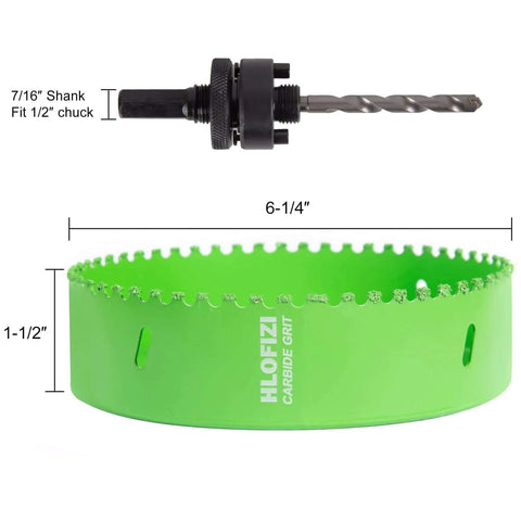 Front view of HLOFIZI carbide grit hole saw, 6-1/4 in diameter, lime-green body with arbor.