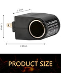 220V To 12V AC DC Converter Wall Outlet Cigarette Lighter Adapter Built Tough showing dimensions, 2.95 inches by 2.2 inches, black design.