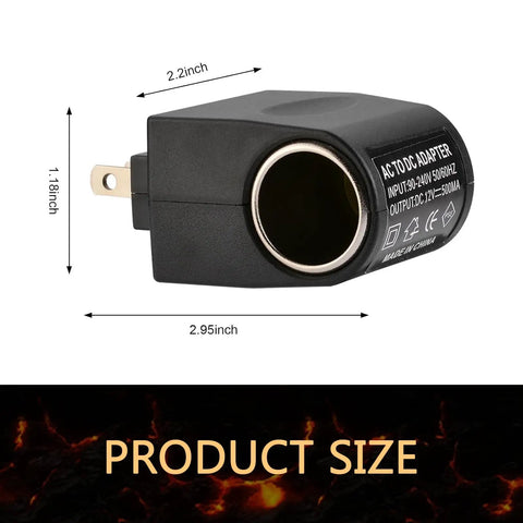 220V To 12V AC DC Converter Wall Outlet Cigarette Lighter Adapter Built Tough showing dimensions, 2.95 inches by 2.2 inches, black design.