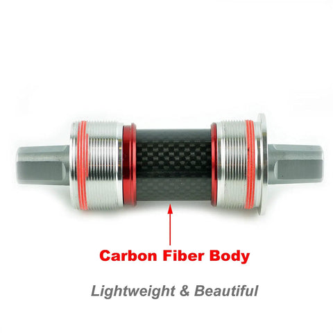 Racer Worlds Lightest JIS Square Taper Bottom Bracket English 68x116mm with carbon fiber body and aluminum ends