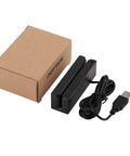 USB Swipe Magnetic Card Reader That Reads 3 Tracks In Plug And Play Style With No Driver Needed, shown with USB cable and box