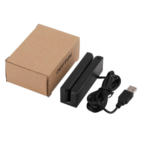 USB Swipe Magnetic Card Reader That Reads 3 Tracks In Plug And Play Style With No Driver Needed, shown with USB cable and box