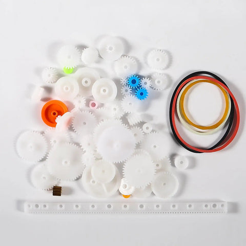 Assorted plastic gears and belts for the Six Pack DC Motors Kit For DIY Projects With Dope Mini Hobby Motors From 3V To 12V Up To 25000 RPM