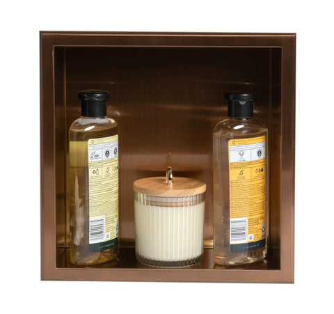 Shower Niche In Brushed Copper 12 X 12 X 4 Inches, Waterproof Bathroom Storage holding shampoo bottles and candle, Durable PVD Finish